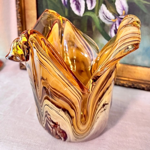 Vintage Murano, Italy Amber Swirl Art Glass Vase/Candleholder